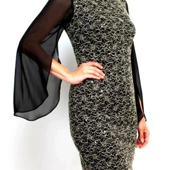 Lace sequin classy creamy ivory and black cocktail dress. Sheer sleeve. Sz Large - Picture 1 of 10